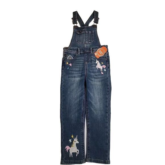 New Girls Embroidered Denim Bib Overalls Size 4T Unicorn Rainbow Toddler Jeans - Picture 2 of 6